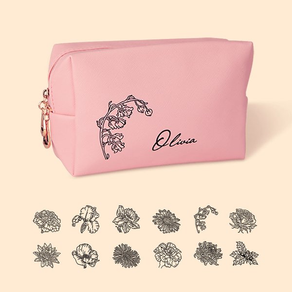Sac de Maquillage en Cuir Imperméable Personnalisé avec Fleur de Naissance et Nom Cadeau Fête des Mères Anniversaire pour Elle