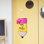 Personalised Wooden Teacher Pencil Sign Name Plaque with Bow and Rope School Classroom Wall Door Hanger Teachers’ Day Gift for Teacher