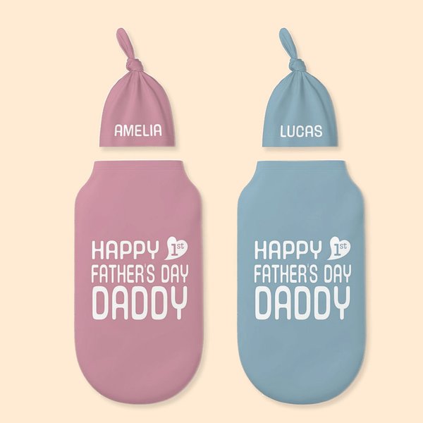 Personalised Happy First Father’s Day 100% Cotton Sleep Sack and Hat Swaddle Set with Name Father's Day Newborn Gift for Baby
