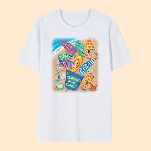 Personalised Beach Buddies Slipper 100% Cotton T-shirt with 1-8 Names Mother's Day Father's Day Gift for Family