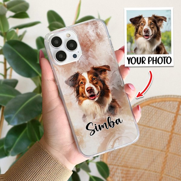 Personligt akvarellhund katt husdjursporträtt TPU-telefonfodral för iPhone med namn Husdjursförlust Födelsedagspresent för husdjursälskare