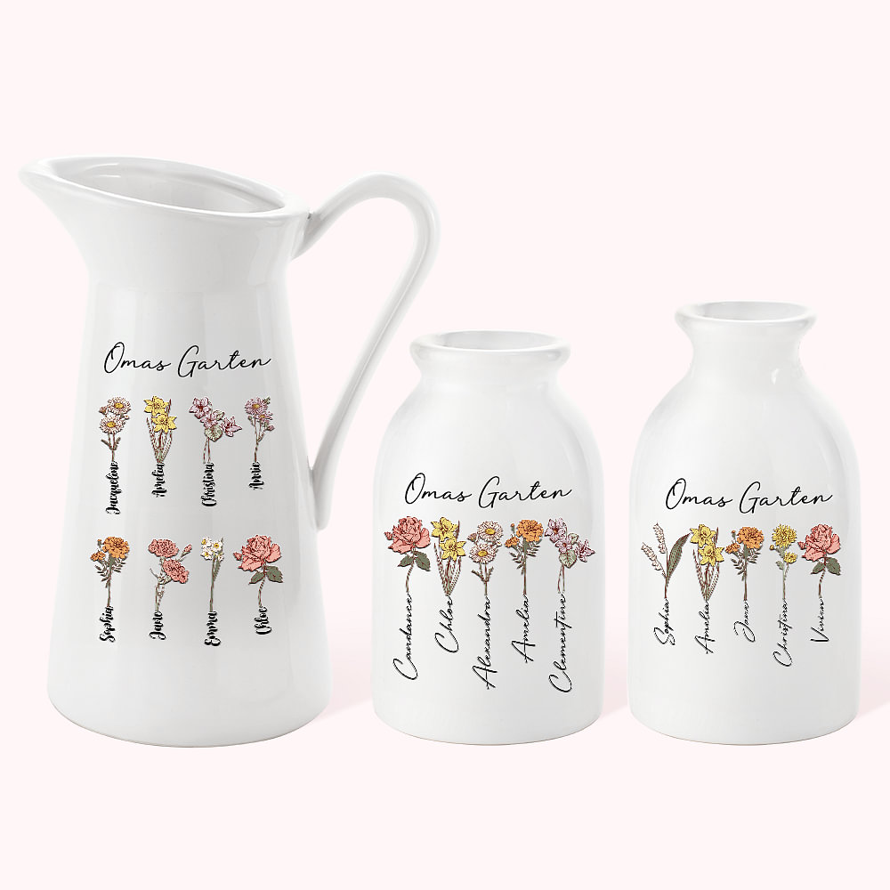Personalisierte Keramikvase Vintage | Weiße Vase mit Namen & Blumenmotive - Callie