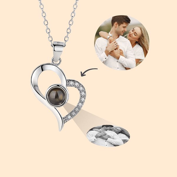 Collana personalizzata in argento sterling con proiezione di foto di cuori vuoti, con ti amo in 100 lingue Regalo di San Valentino per lei