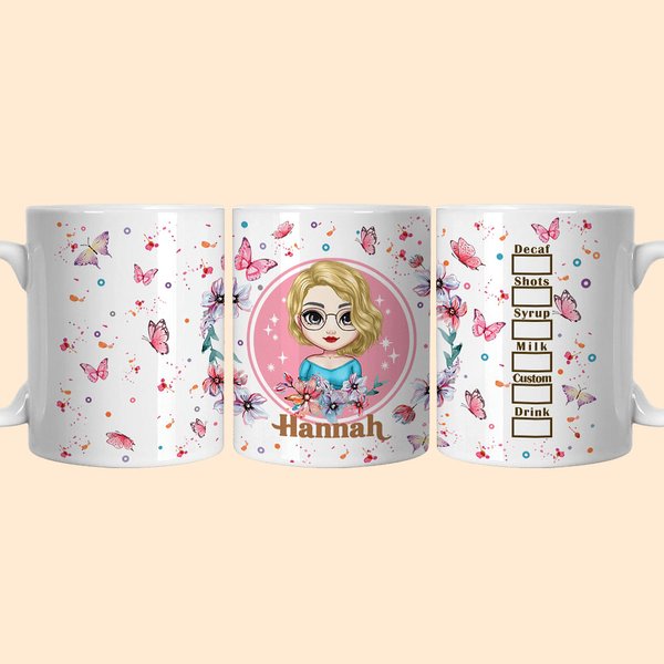 Personalised Pink Flower Butterfly 11oz 15oz White Ceramic Mug with Name Birthday Funny Gift for Woman