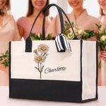 Personalised Watercolour Birth Flower Beach Canvas Tote Bag with Waterproof Liner Large Capacity Bridal Party Birthday Gift for Women