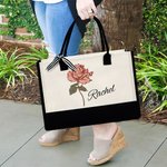 Personalised Watercolour Birth Flower Beach Canvas Tote Bag with Waterproof Liner Large Capacity Bridal Party Birthday Gift for Women