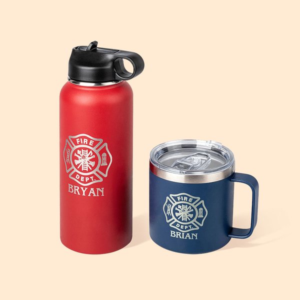 Personalized Stainless Steel  Engraved Firefighters Badge Coffee Mug Water Bottle with Name Birthday Gift for Firefighter