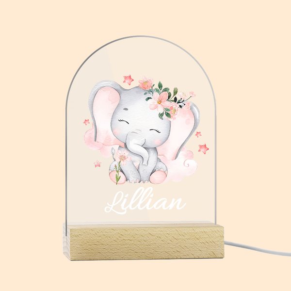 Spersonalizowana tablica akrylowa LED Cute Flower Elephant z imieniem i nazwiskiem Dekoracja domu Prezent urodzinowy dla dziecka