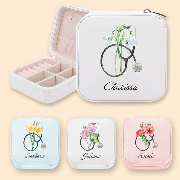 Portagioie portatile personalizzato in pelle PU con stetoscopio Fiore di nascita Nome infermiera praticante Apprezzamento Regalo di laurea per lei
