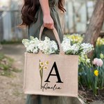 Bolso de yute resistente personalizado con flor de nacimiento inicial y nombre regalo de cumpleaños y fiesta de boda para mujer