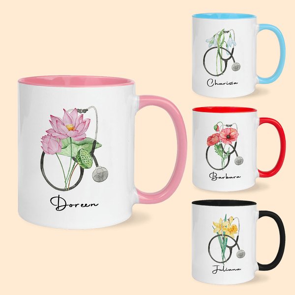 Personalizada Nacimiento Flor Estetoscopio 11oz Taza de café de cerámica con nombre Enfermera Graduación Cumpleaños para Enfermera Doctor Personal Méd