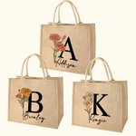 Bolso de yute resistente personalizado con flor de nacimiento inicial y nombre regalo de cumpleaños y fiesta de boda para mujer