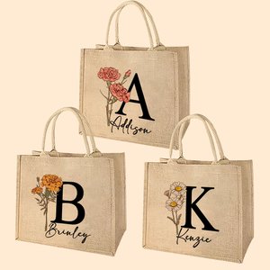 Sac en Toile de Jute Personnalisé avec Nom Initiale et Fleur de Naissance Cadeau Anniversaire Fête Mariage pour les Femmes