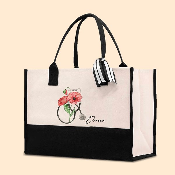 Personalized Birth Flower Stethoscope  Large Capacity Canvas Tote Bag with Name Nurse Birthday Gift for Nurse Doctor