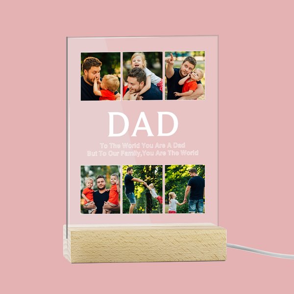 Personalised 2-9 Photos Collage LED Night Light with Wood Base and Text Home Decoration Father's Day Birthday Gift for Daddy Grandpa