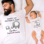 Gepersonaliseerd Schattig Olifantje 100% Katoenen T-shirt Baby Onesie met Naam Gelukkige 1e Vaderdag Cadeau voor Pasgeboren Nieuwe Papa