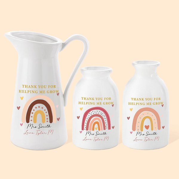 Vaso in ceramica con design arcobaleno personalizzato, decorazione per la casa con nome dell'insegnante e dello studente Regalo di ringraziamento per 