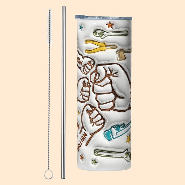 Personalised Cool Dad Fist Bump 3D Effect 20oz Skinny Tumbler with 1-6 Kid Names Happy Father's Day Gift for Father Grandpa
