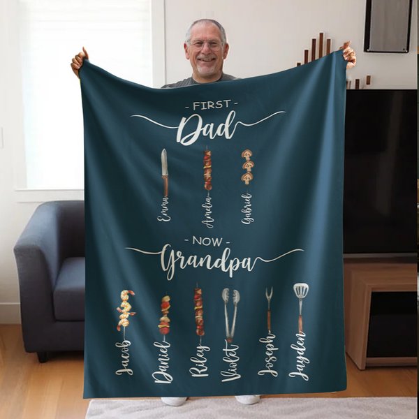 Personalized First Dad Now Grandpa Barbecue Soft Blanket with Names Father's Day Gift for Dad Grandpa