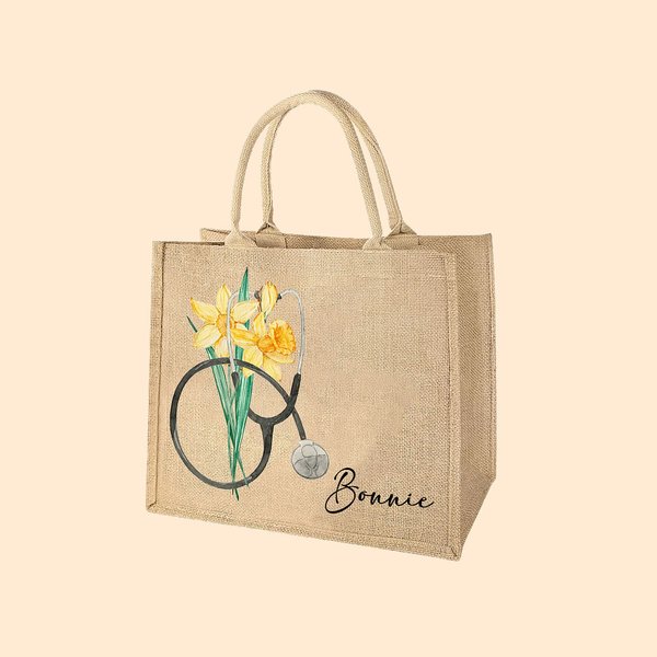 Personalised Birth Flower Stethoscope Beach Jute Tote Bag with Name Graduation Appreciation Gift for Nurse Medical Student