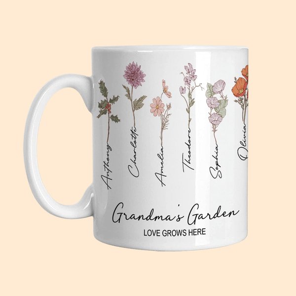Taza de cerámica personalizada Love Grows Here de 11 oz con flores y nombres de nacimiento del 1 al 15 Regalo del Día de la Madre para la madre abuela