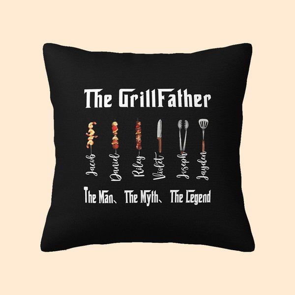 Gepersonaliseerd Multicolor Grappig Grill Kussenovertrek met Namen Vaderdag Verjaardagscadeau voor vader Kookliefhebber