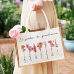 Sac à Main Personnalisé avec 1-20 Fleurs de Naissance et Prénoms Sac en Toile de Jute Grande Capacité Cadeau Fête Anniversaire pour Maman Grand-Mère