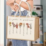 Sac à Main Personnalisé avec 1-20 Fleurs de Naissance et Prénoms Sac en Toile de Jute Grande Capacité Cadeau Fête Anniversaire pour Maman Grand-Mère