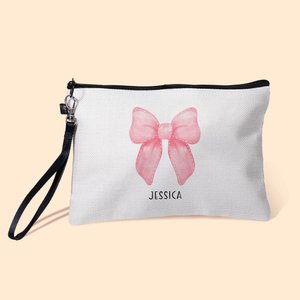 Trousse de Maquillage Personnalisée avec Nom et Noeud Papillon Rose Sac à Main avec Dragonne Cadeau Anniversaire Mariage pour Femme