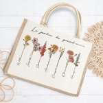 Sac à Main Personnalisé avec 1-20 Fleurs de Naissance et Prénoms Sac en Toile de Jute Grande Capacité Cadeau Fête Anniversaire pour Maman Grand-Mère