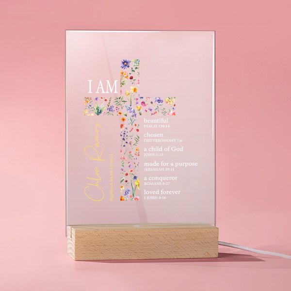 Plaque Acrylique Personnalisée avec Nom Lumière LED et Socle en Bois Croix Florale Verset Biblique Cadeau Baptême Première Communion pour Elle