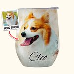 Personalized Watercolour Pet Portrait Painting 12oz Wine Tumbler with Name Lid and Straw Birthday Pet Loss Memorial Gift for Cat Dog Pet Lover