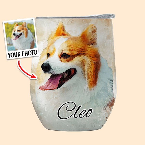 Vaso de vino de 12oz con tapa con nombre y pajita personalizado en acuarela con retrato de mascota regalo de cumpleaños en memoria de la pérdida de un