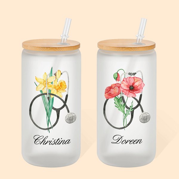 Vaso de vidrio esmerilado de 20 oz con tapa de bambú y pajita Regalo de graduación de la Semana de la Enfermera para una enfermera doctora