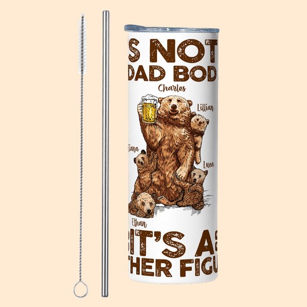 Gobelet Personnalisé avec 1-7 Noms Enfants et Papa d'Ours Bouteille avec Paille et Brosse Cadeau de Fête pour Papa
