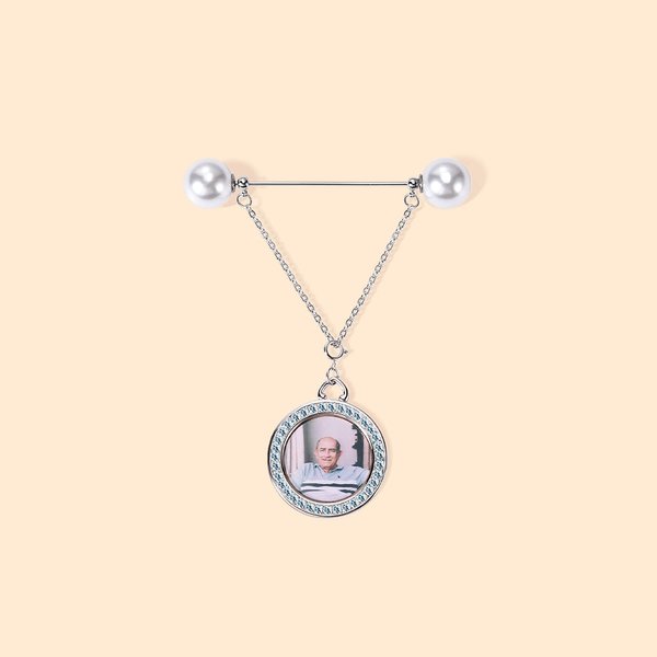 Personalised Pearls Something Blue Old Bridal Bouquet Charm Brooch Pin with Photo and Engraved Text Anniversary Wedding Gift for Bride