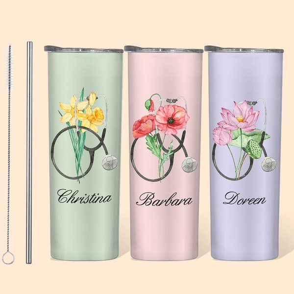Estetoscopio Personalizado Flor de Nacimiento 20oz Vaso Delgado con Pajita y Cepillo Limpiador Regalo de Cumpleaños de Graduación para Enfermera Estud