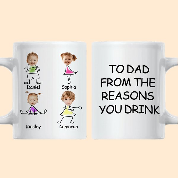 Tazza in ceramica bianca personalizzata con disegno a mano e nomi di bambini e foto 11oz 15oz Regalo per la festa del papà per la famiglia