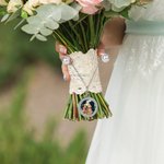 Personalized Pearls Something Blue Old Bridal Bouquet Charm Brooch Pin with Photo and Engraved Text Anniversary Wedding Gift for Bride