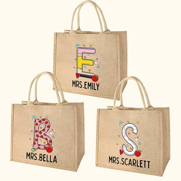 Personalised Graffiti Pencil Apple Large Capacity Jute Tote Bag wih Name Initial Teacher's Day Appreciation Gift for Teacher