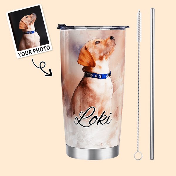 Personalised Watercolour Pet Portrait Painting 20oz Tumbler with Name Lid and Straw Birthday Pet Loss Memorial Gift for Cat Dog Pet Lover