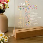 Gepersonaliseerd Bloemkruis Bijbelvers Naam LED Nachtlampje met Houten Voet Eerste Heilige Communie Doopcadeau voor haar
