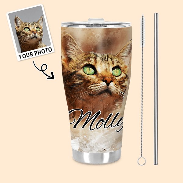 Vaso curvo de 30oz con tapa con nombre y pajita personalizado con retrato de mascota en acuarela Regalo de cumpleaños conmemorativo para un amante de 
