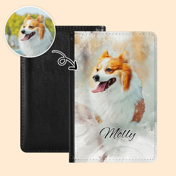 Couverture de Passeport Personnalisée avec Portrait et Nom Animal Style Aquarelle Cadeau Voyage pour Amoureux d'Animal de Compagnie