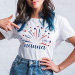Personalised USA Flag Firework 4th of July T-shirt Sweatshirt with 1-14 Names American Independence Day Gift for Mom Grandma