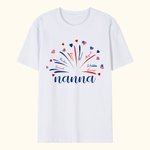 Personalised USA Flag Firework 4th of July T-shirt Sweatshirt with 1-14 Names American Independence Day Gift for Mom Grandma