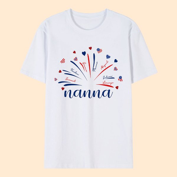 Personalised USA Flag Firework 4th of July T-shirt Sweatshirt with 1-14 Names American Independence Day Gift for Mom Grandma