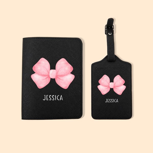 Set d'Étiquettes de Bagage Personnalisé avec Noeud Papillon et Nom Cuir PU Multicolore Cadeau Anniversaire pour Elle