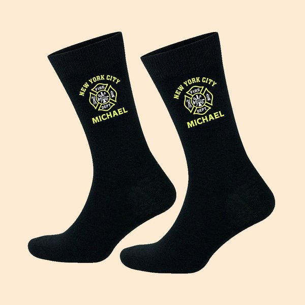 Personalized Fire Department Logo 100% Cotton Breathable Mid-calf Men's Socks with City and Name Birthday Graduation Gift for Firefighter