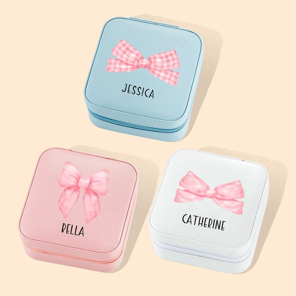 Gepersonaliseerde schattige roze Coquette boog PU lederen sieraden doos met naam Kinderdag verjaardagscadeau voor haar
